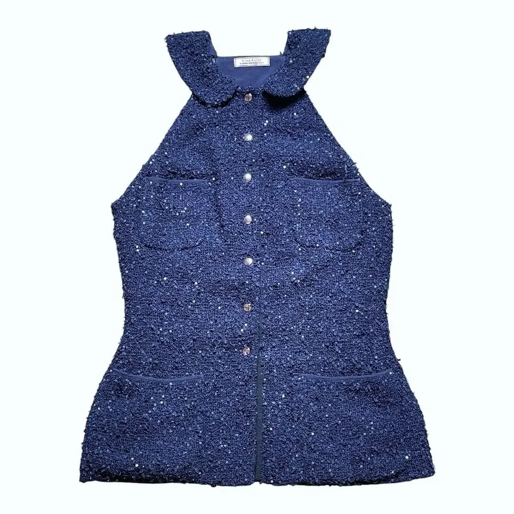 Nina Ricci Blue Sequin Peplum Blouse - Picture 3 of 7